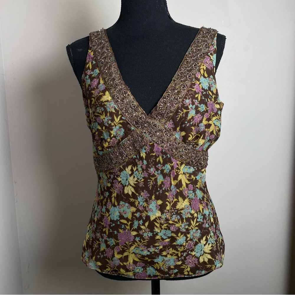 Intuitions 100% Silk size 6 Brown floral beaded blouse